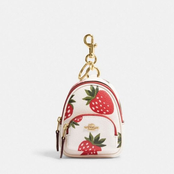 COACH® Mini Court Backpack Bag Charm With Wild Strawberry Print - Picture 1 of 3